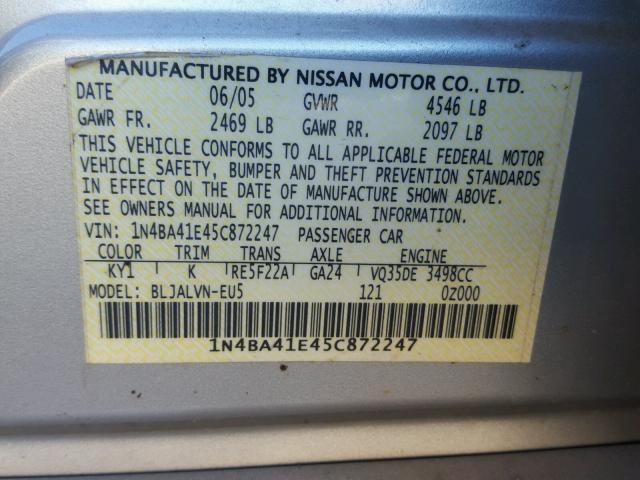 1N4BA41E45C872247 - 2005 NISSAN MAXIMA SE SILVER photo 10