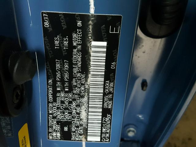 JTEBU5JR3J5489890 - 2018 TOYOTA 4RUNNER SR BLUE photo 10