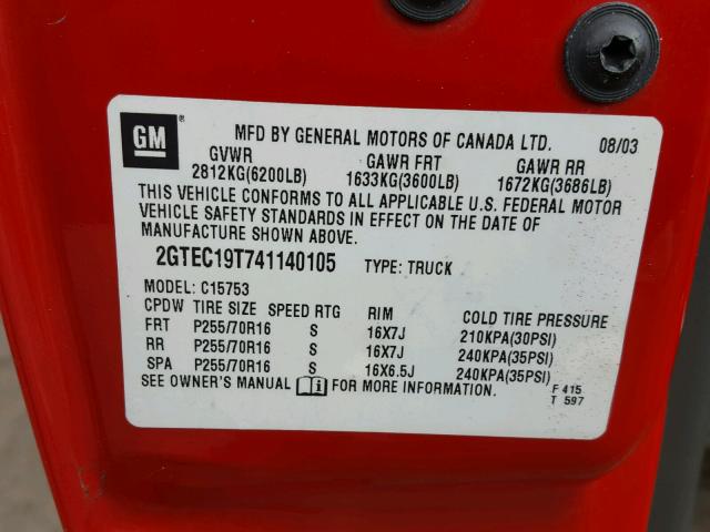 2GTEC19T741140105 - 2004 GMC NEW SIERRA RED photo 10