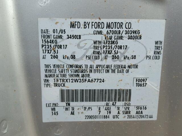 1FTRX12W35FA67724 - 2005 FORD F150 SILVER photo 10