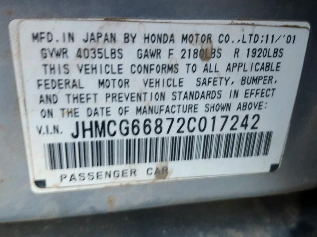 JHMCG66872C017242 - 2002 HONDA ACCORD EX SILVER photo 10