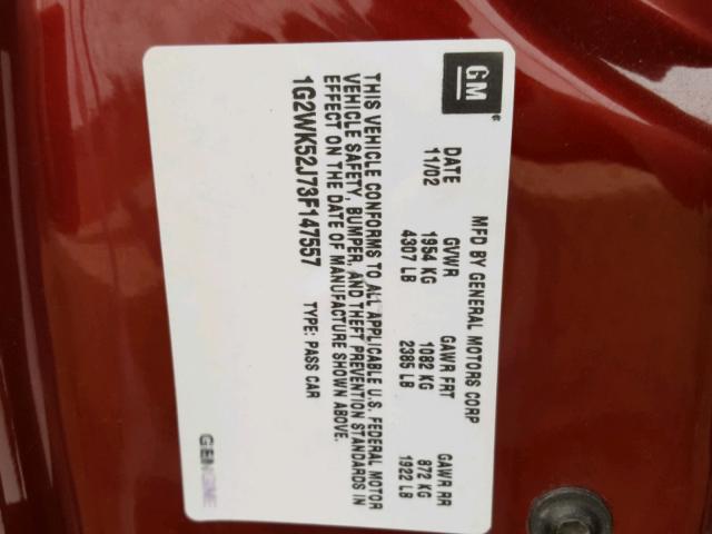 1G2WK52J73F147557 - 2003 PONTIAC GRAND PRIX Қызыл фото 10