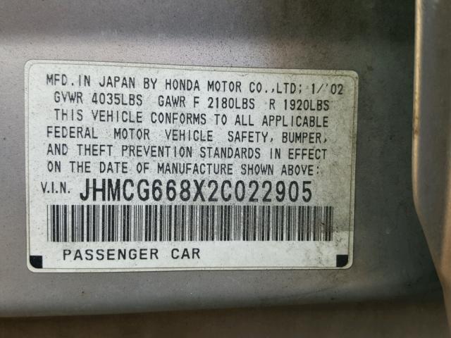 JHMCG668X2C022905 - 2002 HONDA ACCORD EX GRAY photo 10