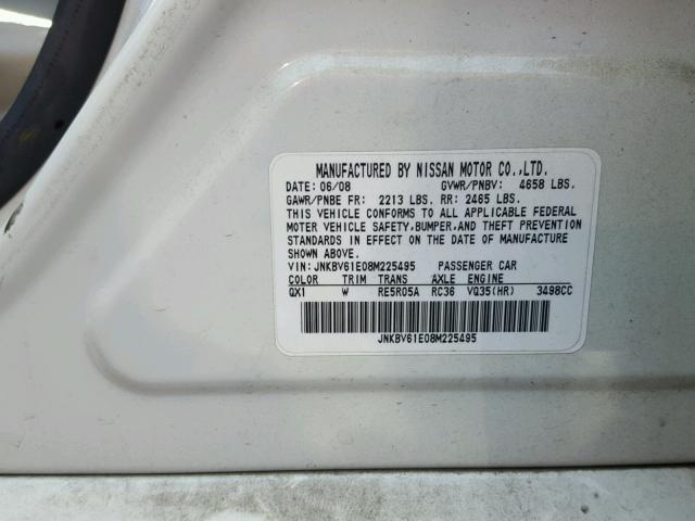 JNKBV61E08M225495 - 2008 INFINITI G35 WHITE photo 10