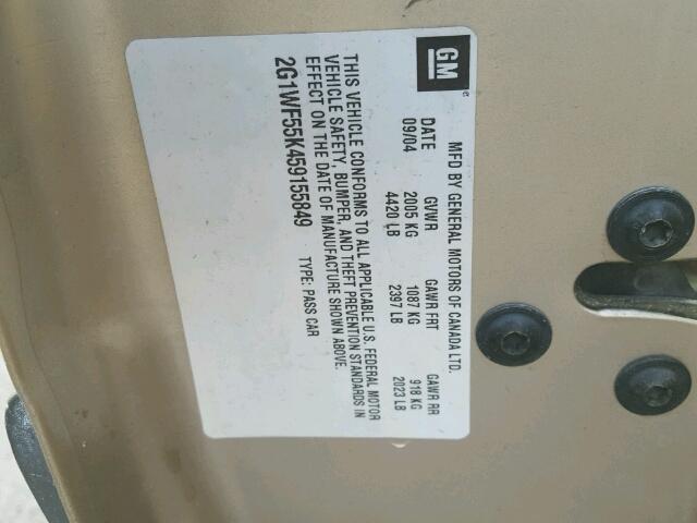 2G1WF55K459155849 - 2005 CHEVROLET IMPALA GOLD photo 10