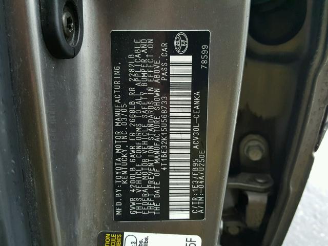 4T1BE32K15U568733 - 2005 TOYOTA CAMRY LE GRAY photo 10