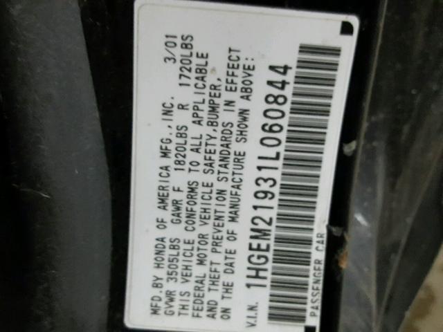 1HGEM21931L060844 - 2001 HONDA CIVIC SI BLACK photo 10