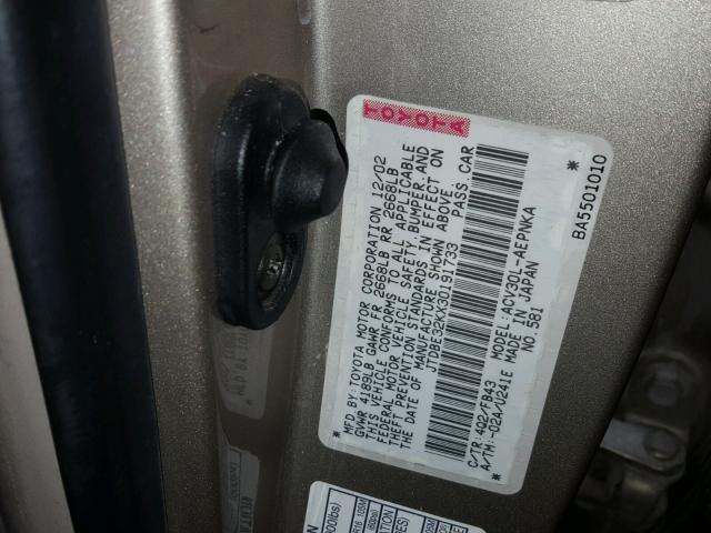 JTDBE32KX30191733 - 2003 TOYOTA CAMRY LE ოქროსფერი ფოტო 10