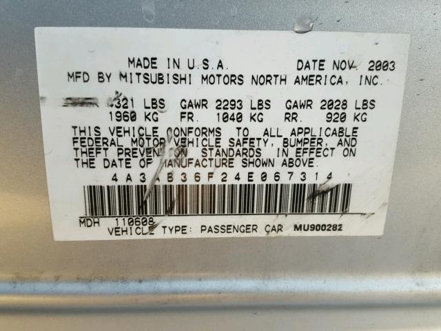 4A3AB36F24E067314 - 2004 MITSUBISHI GALANT ES SILVER photo 10