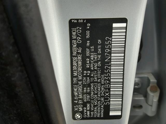 5UXFB93552LN79552 - 2002 BMW X5 4.6IS SILVER photo 10