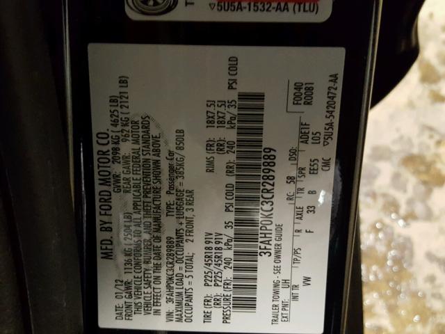 3FAHP0KC3CR289889 - 2012 FORD FUSION SPO CHARCOAL photo 10