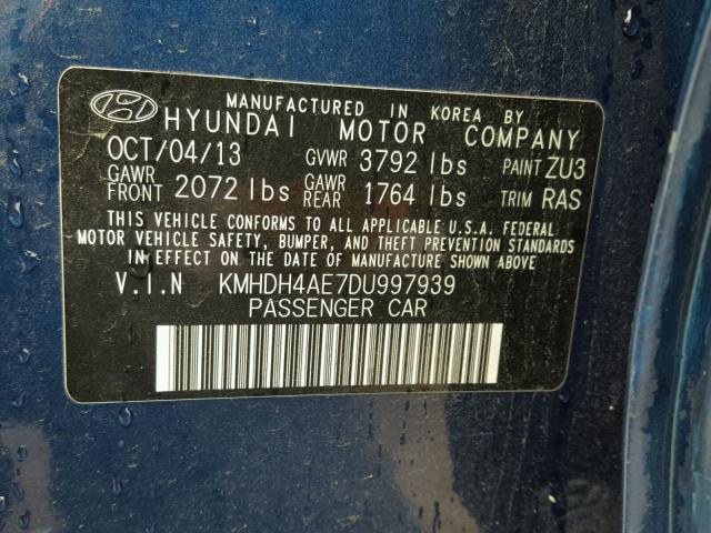 KMHDH4AE7DU997939 - 2013 HYUNDAI ELANTRA GL BLUE photo 10