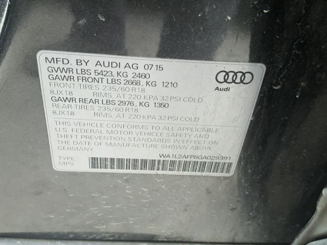 WA1L2AFP8GA029391 - 2016 AUDI Q5 PREMIUM GRAY photo 10