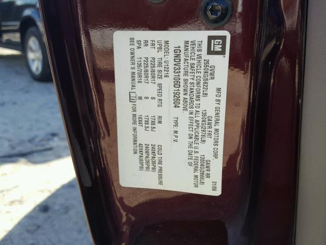 1GNDV33106D192604 - 2006 CHEVROLET UPLANDER L 勃艮第红 照片 10