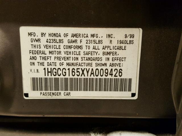 1HGCG165XYA009426 - 2000 HONDA ACCORD EX GRAY photo 10