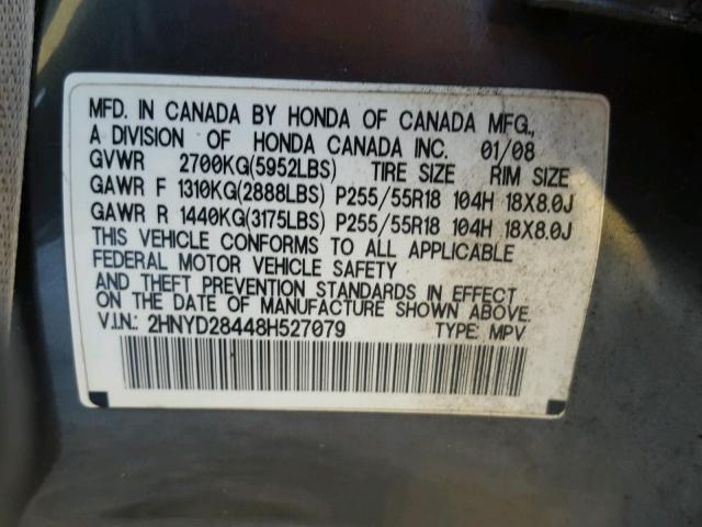 2HNYD28448H527079 - 2008 ACURA MDX TECHNO GRAY photo 10