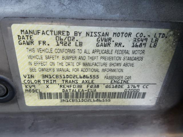 3N1CB51D02L686555 - 2002 NISSAN SENTRA XE SILVER photo 10