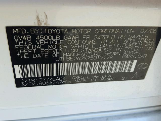 JTHBE262X75012179 - 2007 LEXUS IS 350 WHITE photo 10