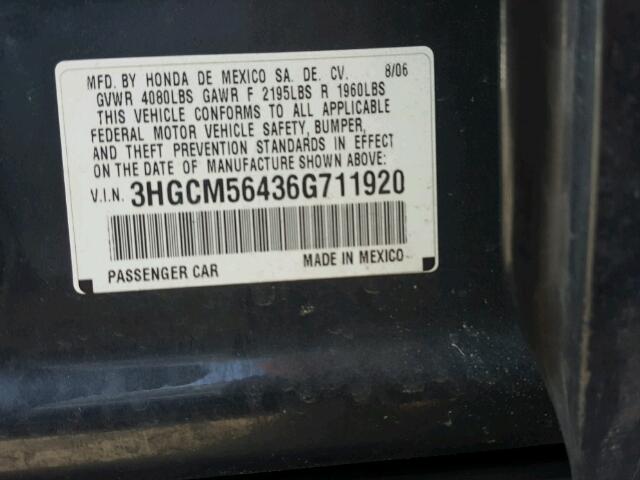 3HGCM56436G711920 - 2006 HONDA ACCORD LX BLACK photo 10