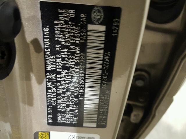 4T1BE32K96U151782 - 2006 TOYOTA CAMRY LE BEIGE photo 10