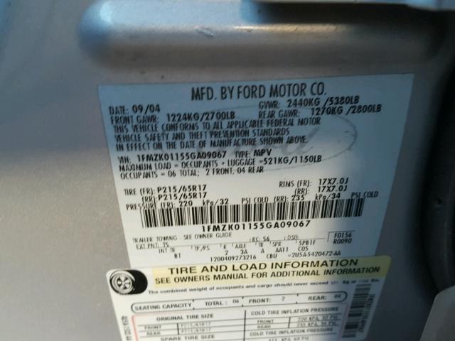 1FMZK01155GA09067 - 2005 FORD FREESTYLE SILVER photo 10