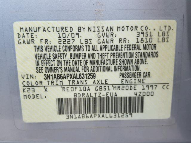 3N1AB6APXAL631259 - 2010 NISSAN SENTRA 2.0 SILVER photo 10