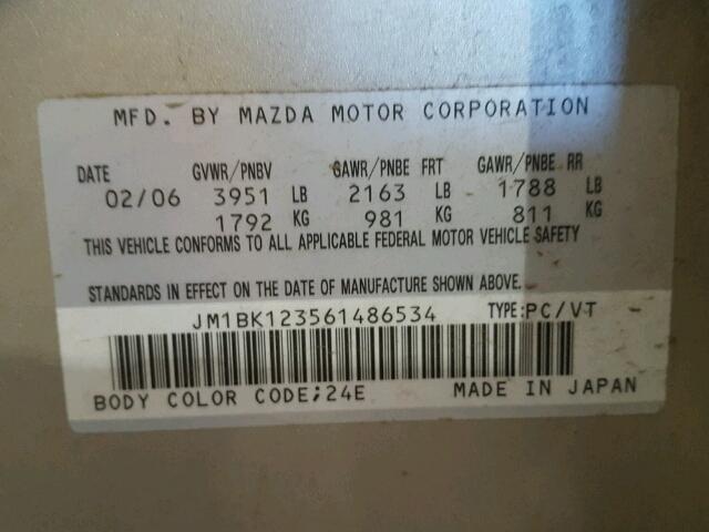 JM1BK123561486534 - 2006 MAZDA 3 S GOLD photo 10