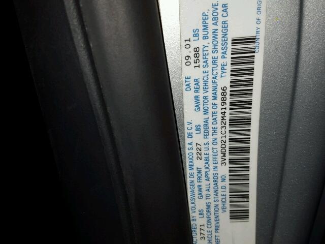 3VWDD21C32M419886 - 2002 VOLKSWAGEN NEW BEETLE 银色 照片 10