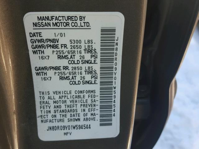 JN8DR09Y01W594544 - 2001 NISSAN PATHFINDER GRAY photo 10