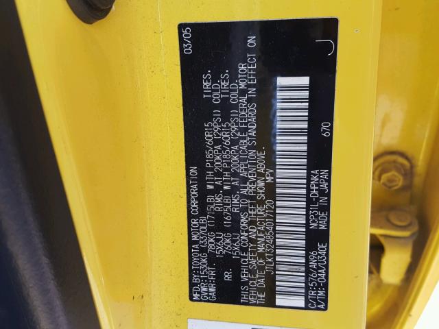 JTLKT324854017120 - 2005 TOYOTA SCION XB 黄色 照片 10