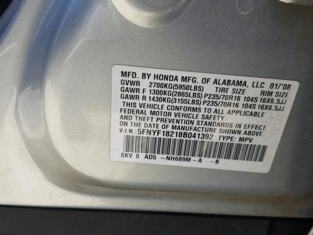 5FNYF18218B041392 - 2008 HONDA PILOT VP SILVER photo 10