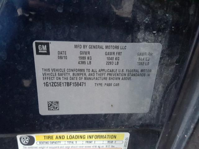 1G1ZC5E17BF158471 - 2011 CHEVROLET MALIBU 1LT 蓝色 照片 10