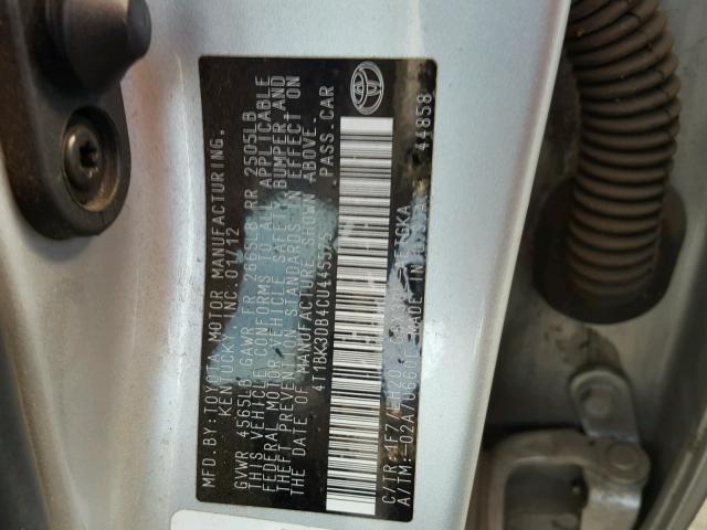 4T1BK3DB4CU445575 - 2012 TOYOTA AVALON BAS SILVER photo 10