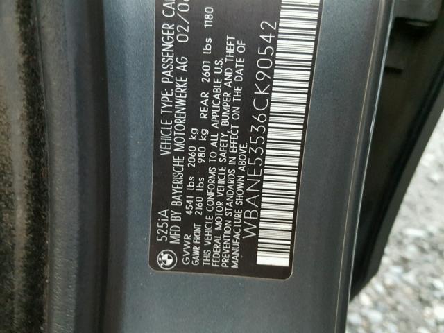 WBANE53536CK90542 - 2006 BMW 525 I GRAY photo 10