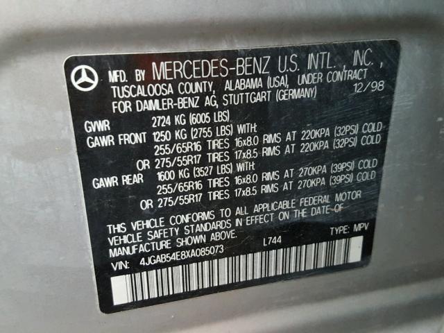 4JGAB54E8XA085073 - 1999 MERCEDES-BENZ ML 320 SILVER photo 10