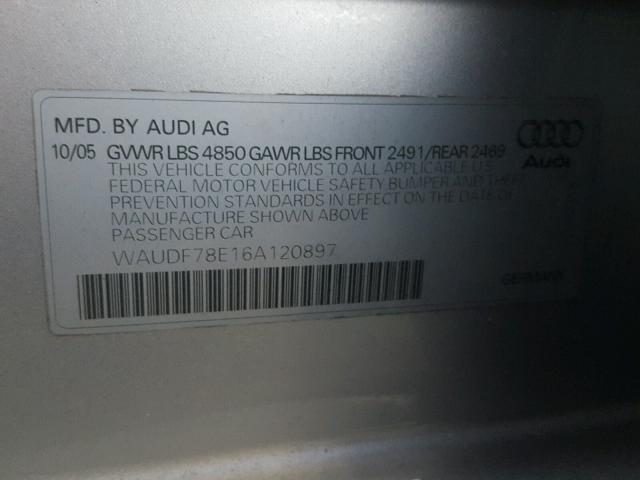 WAUDF78E16A120897 - 2006 AUDI A4 2.0T QU SILVER photo 10