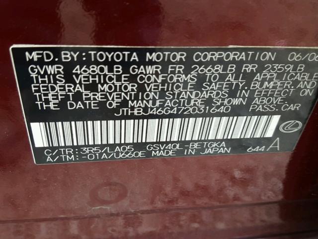 JTHBJ46G472031640 - 2007 LEXUS ES 350 MAROON photo 10