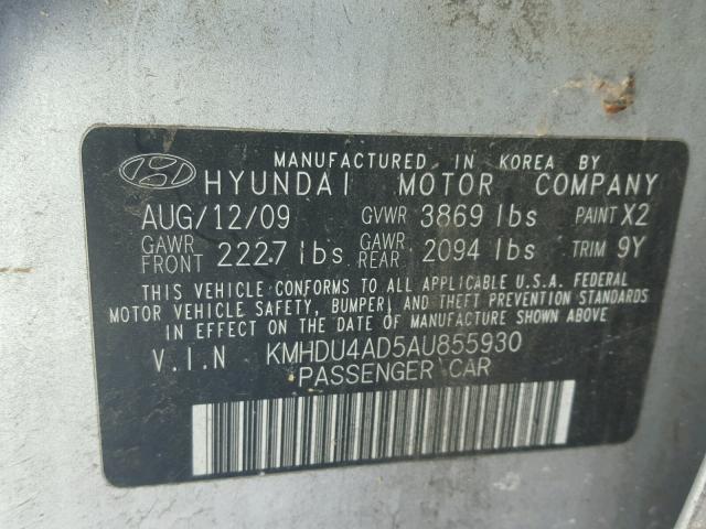 KMHDU4AD5AU855930 - 2010 HYUNDAI ELANTRA BL GRAY photo 10