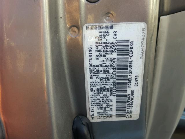 4T1BG22K31U032199 - 2001 TOYOTA CAMRY CE GRAY photo 10