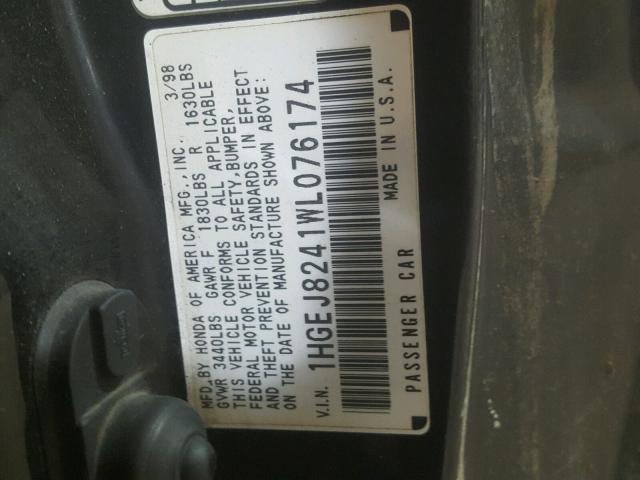 1HGEJ8241WL076174 - 1998 HONDA CIVIC EX 黑色 照片 10