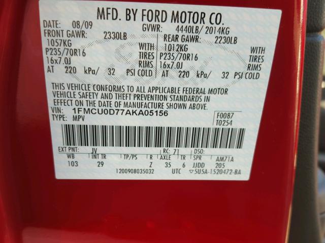 1FMCU0D77AKA05156 - 2010 FORD ESCAPE XLT RED photo 10