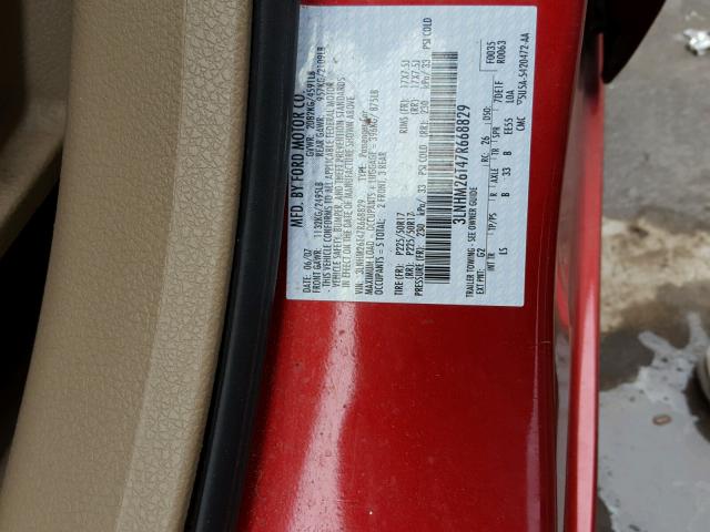 3LNHM26T47R668829 - 2007 LINCOLN MKZ RED photo 10