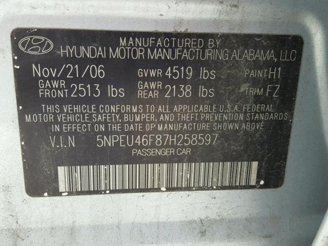 5NPEU46F87H258597 - 2007 HYUNDAI SONATA SE BLUE photo 10