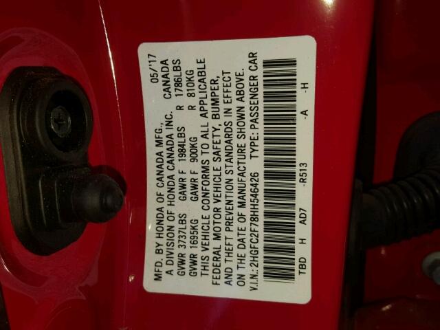 2HGFC2F78HH546426 - 2017 HONDA CIVIC EX RED photo 10