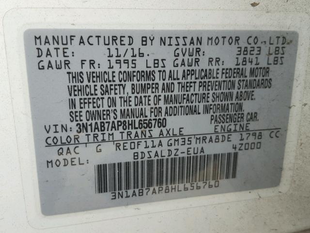 3N1AB7AP8HL656760 - 2017 NISSAN SENTRA S WHITE photo 10