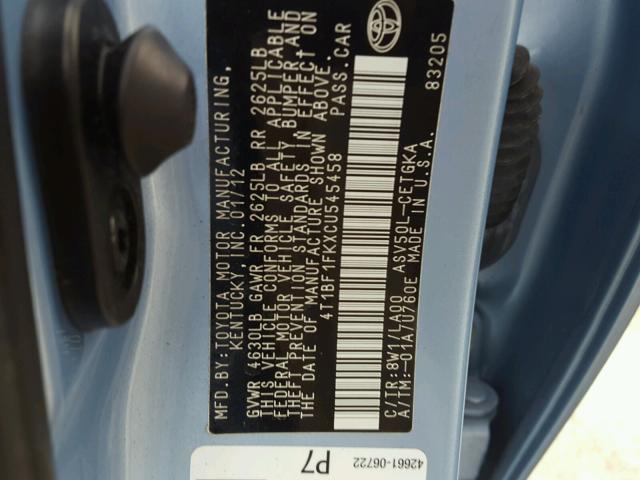 4T1BF1FKXCU545458 - 2012 TOYOTA CAMRY BASE BLUE photo 10