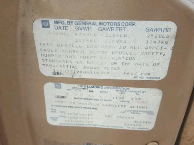 1G1BN51ZXHX118265 - 1987 CHEVROLET CAPRICE CL 金色 照片 10