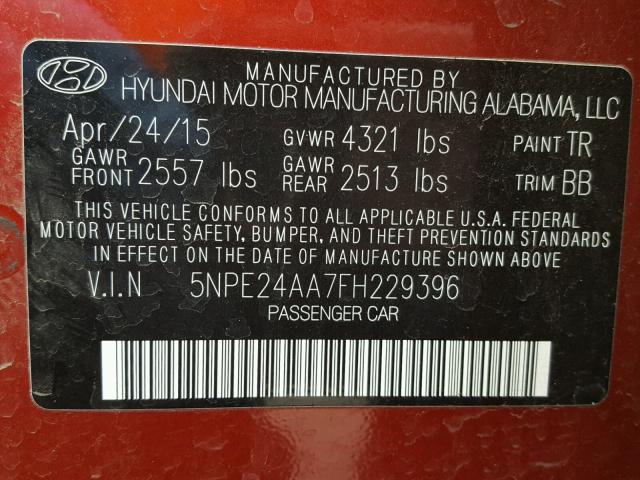 5NPE24AA7FH229396 - 2015 HYUNDAI SONATA ECO RED photo 10