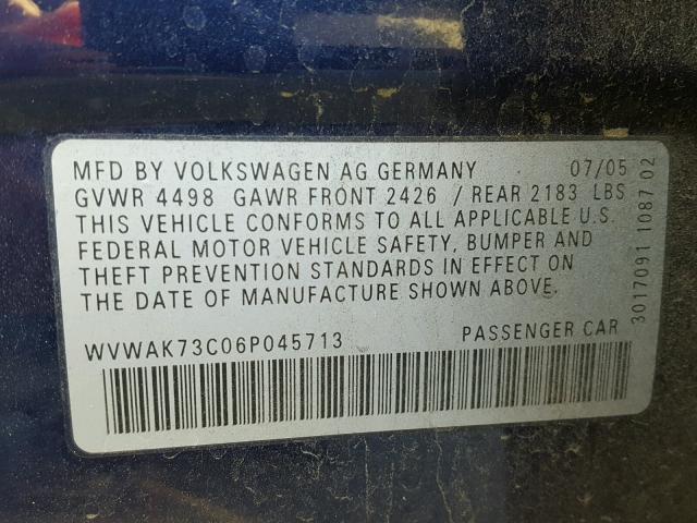 WVWAK73C06P045713 - 2006 VOLKSWAGEN PASSAT 2.0 BLUE photo 10