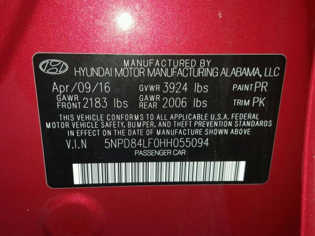 5NPD84LF0HH055094 - 2017 HYUNDAI ELANTRA SE RED photo 10